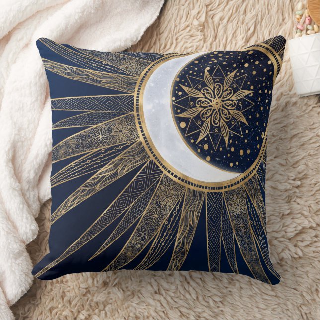 Coussin Elégant Blue Gold Sun Moon Mandala (Couverture)