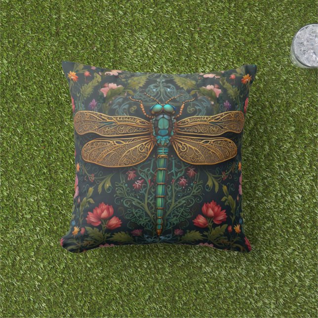 Coussin Élégant botanique de libellule Vintage (Herbe)