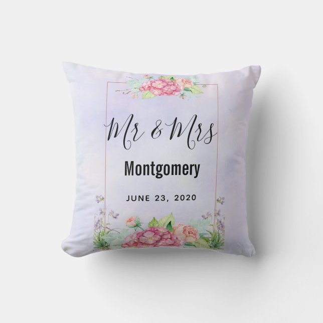 Coussin Elégant Bouquet de Fleur d'Aquarelle Rose Mr & Mrs (Recto)