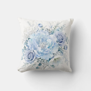 Coussin Élégant Bouquet Floral Bleu et Blanc de l'Hiver Fr