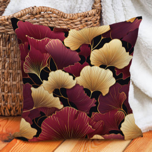 Coussin Élégant Burgundy Gold Ginko Feuille Noir