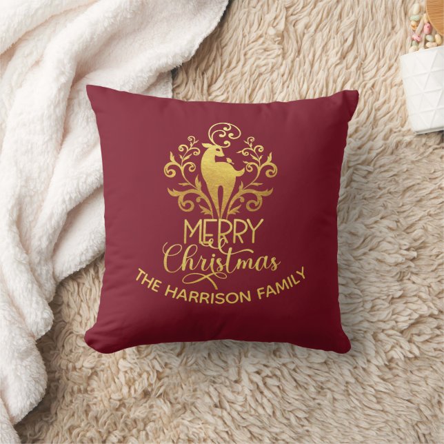 Coussin Élégant Cerf d'or Joyeux Noël Rouge (Couverture)