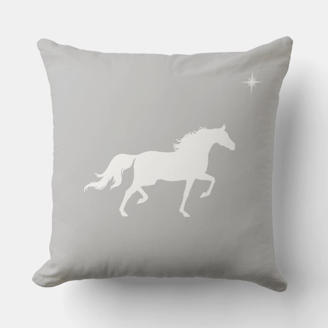 Coussin Élégant cheval blanc et étoile sur gris argenté (Recto)