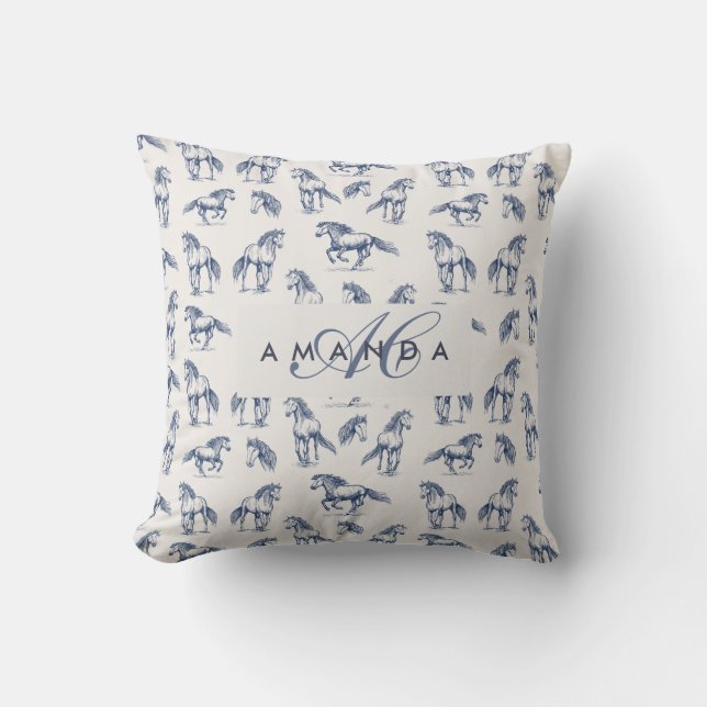 Coussin Élégant Cheval Bleu Monogramme Cadeaux Initiaux (Recto)