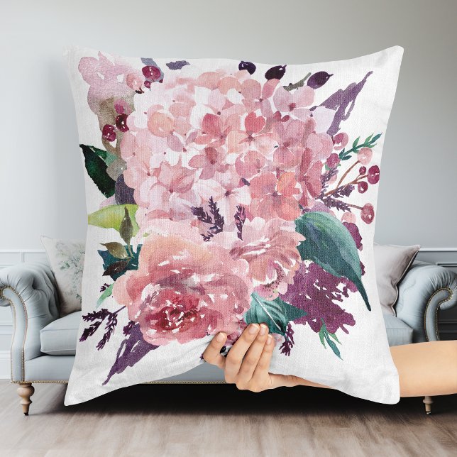 Coussin Elégant Chic Rose Aquarelle Floral (Elegant Chic Pink Watercolor Floral Throw Pillow)