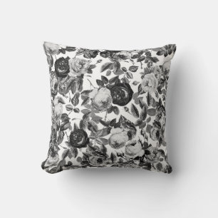 Coussin Élégant Chic Vintage Roses Noir et Blanc Floral