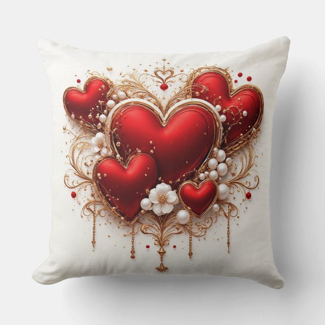 Coussin Elégant Coeurs rouges avec Golden Floral Détails (Recto)