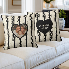 Coussin Elegant Cream and Black Stripes Heart Custom Photo