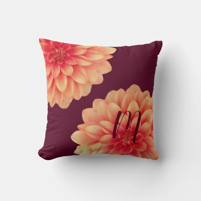 Coussin Élégant Dahlias Orange Fleurs Bourgogne Monogramme (Recto)