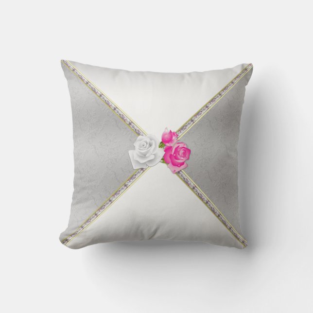 Coussin Élégant Damas d'argent et rose rose (Recto)