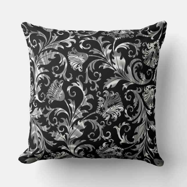 Coussin Élégant Damas Floral Noir Et Argent (Recto)