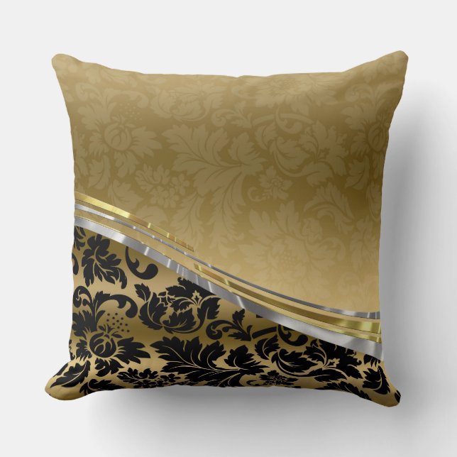Coussin Élégant Damas Noir & Or Avec Accents Argent (Recto)