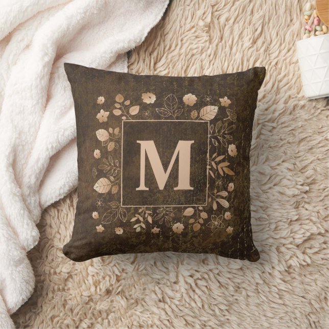 Coussin Élégant élégant Brown Gold Feuilles Monogramme (Couverture)