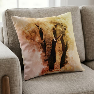 Coussin Élégant Éléphant d'Afrique Mâle Marchant Aquarelle