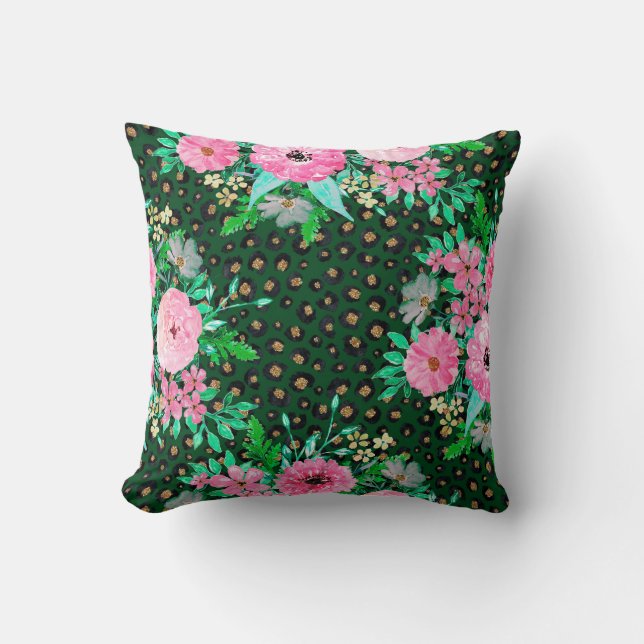Coussin Élégant Empreinte de léopard rose floral vert desi (Recto)