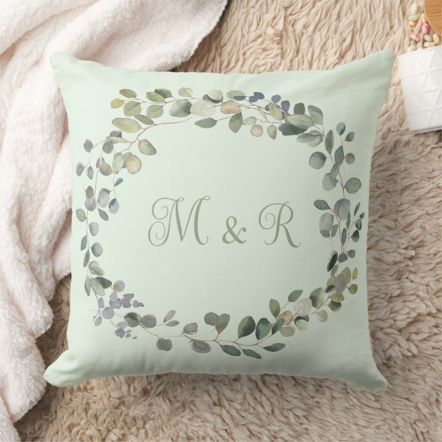 Coussin Élégant Eucalyptus Botanique Verdure Monogramme (Couverture)