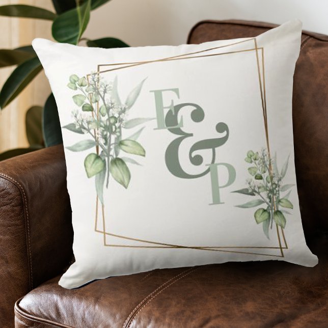 Coussin Elégant Eucalyptus Gold Cadre Monogramme Initiales (Créateur téléchargé)