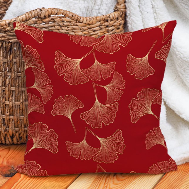 Coussin Élégant Feuille Red Gold Ginko (Elegant red and gold ginko pillow)