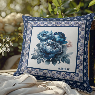 Coussin Élégant fleurs bleues chinoiserie toile monogramme