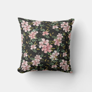 Coussin Élégant floral aquarelle rose botanique noir