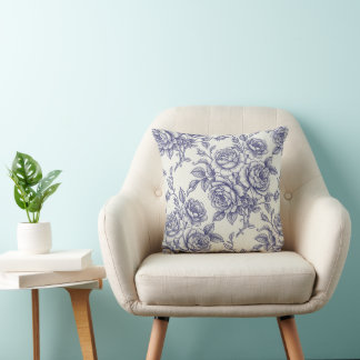 Coussin Elegant Floral Blue Cream Roses Toile de Jouy