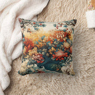 Coussin Élégant floral chinoiserie orange brûlé sarcelle o