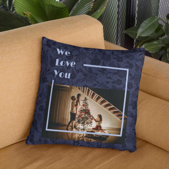 Coussin Élégant Floral Custom Family Photo Texte Bleu (Créateur téléchargé)