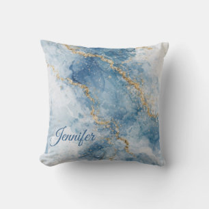 Coussin Élégant Flux Abstrait Paillettes Bleu Or