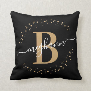 Coussin Élégant, Girly Black Gold Nom Monogramme Script