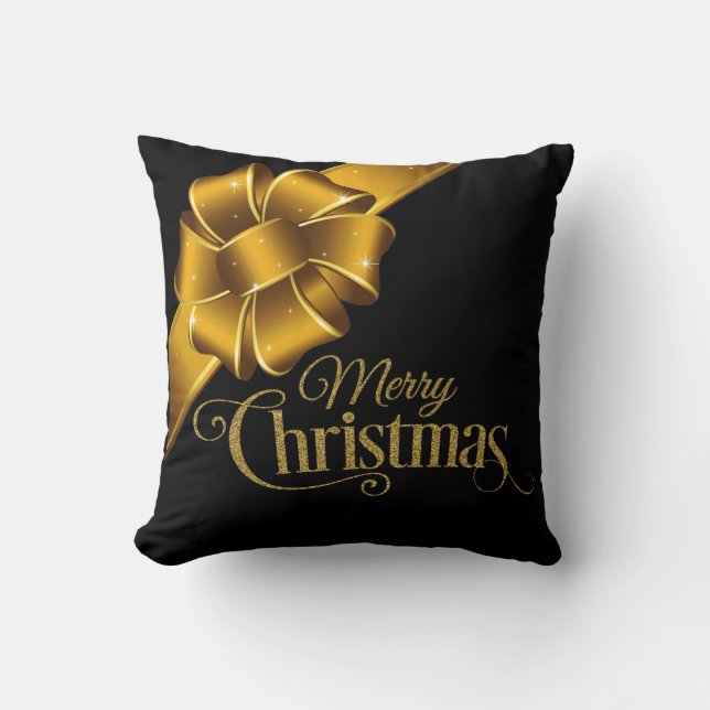 Coussin Elégant Gold et Black Joyeux Noël Bow Holiday (Recto)