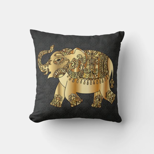 Coussin Elegant Gold Paisley Elephant, Black Damask (Recto)