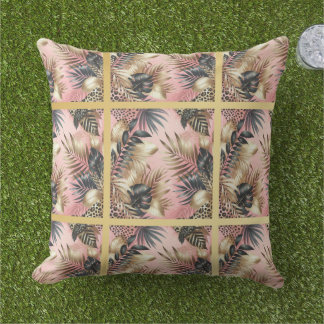 Coussin Elegant Gold, Pink and Black Jungle Leaf Pattern