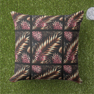 Coussin Elegant Gold, Pink and Black Jungle Leaf Pattern