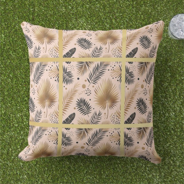Coussin Elegant Gold, Pink and Black Jungle Leaf Pattern (Herbe)