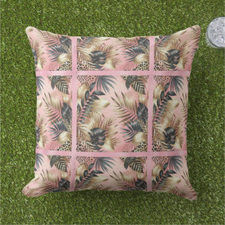 Coussin Elegant Gold, Pink and Black Jungle Leaf Pattern