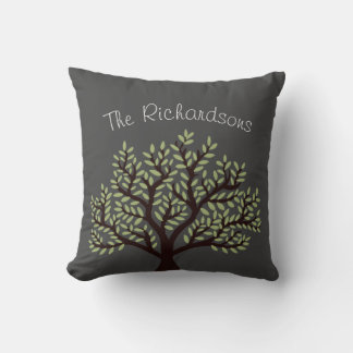 Coussin Elegant Grey & Leafy Green Tree Nom de famille
