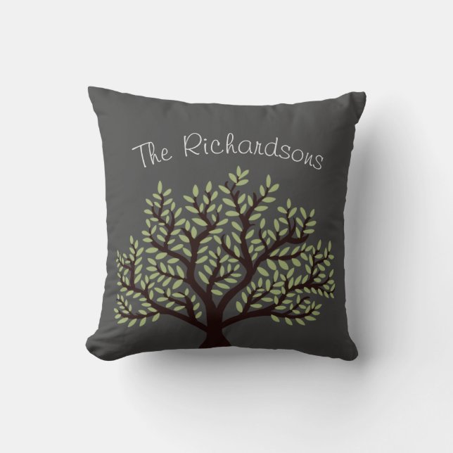 Coussin Elegant Grey & Leafy Green Tree Nom de famille (Recto)
