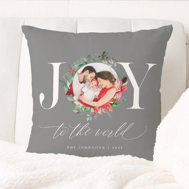 Coussin Elégant Gris Argent Noël Wreath Joie (Créateur téléchargé)