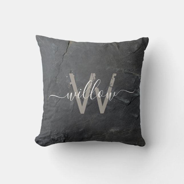 Coussin Élégant Gris de Charbon Stone Script Monogramme (Recto)