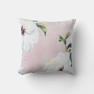 Coussin Elégant Hibiscus blanc sur Arrière - plan rose dou