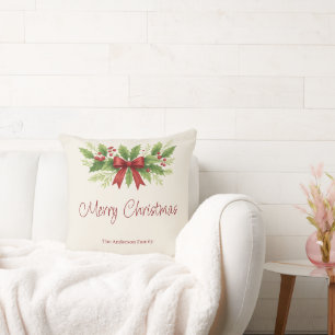 Coussin Elegant Holly & Red Bow Noël -