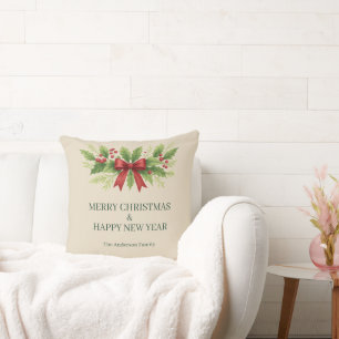 Coussin Elegant Holly & Red Bow Noël -