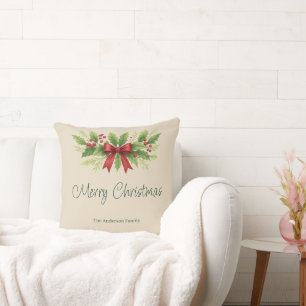 Coussin Elegant Holly & Red Bow Noël -