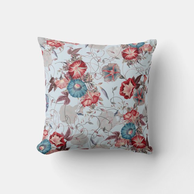 Coussin Élégant Japonais matin gloire rouge bleu floral (Recto)