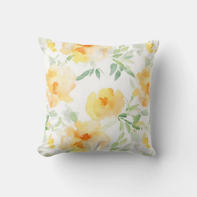 Coussin Elégant jaune pêche orange aquarelle fleurie (Recto)