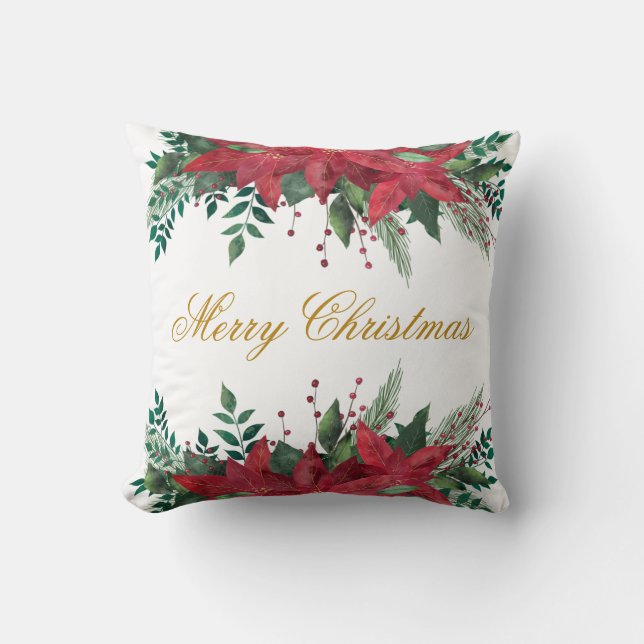 Coussin Élégant Joyeux Noël Poinsettia Floral (Recto)
