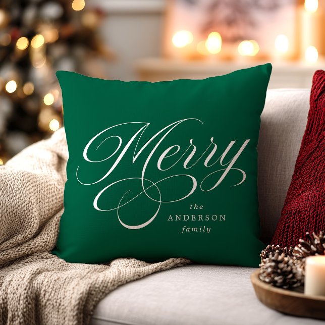 Coussin Élégant Joyeux Script Calligraphique Vert de Fête (Créateur téléchargé)