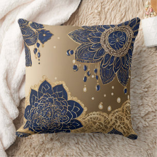 Coussin Élégant mandala floral bleu marine et or