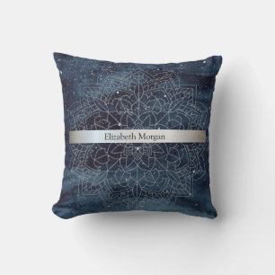Coussin Élégant mandala moderne argenté rayure bleu marine