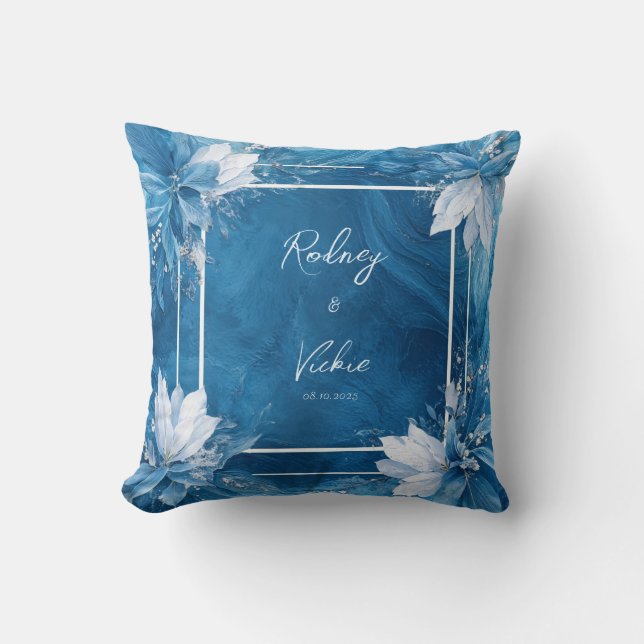 Coussin Élégant Mariage floral en marbre bleu (Recto)